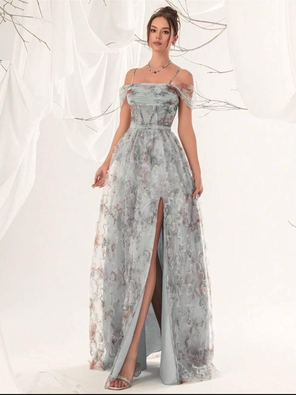 VIP Girl Elegant Blue Gray Floral Tulle Ruched Corset Off-Shoulder Dress Medium